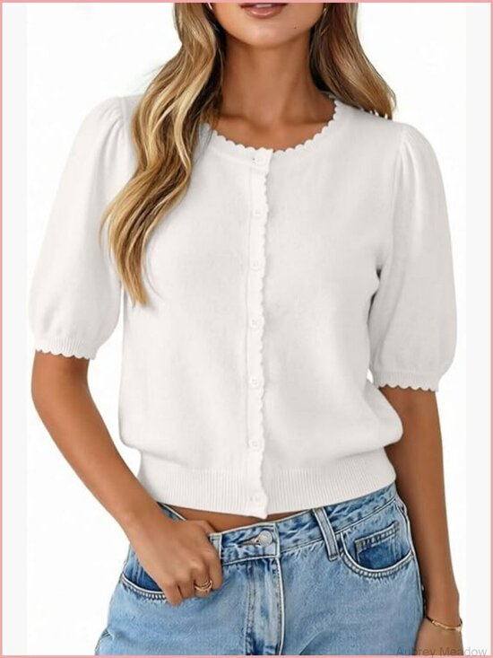 Sweaters - Puff Short Sleeve Cardigan Lightweight Button Down Knit Sweater Top